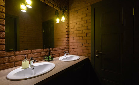 Арендовать Стильный двухуровневый лофт. Раковины в туалете. Большое зеркало 