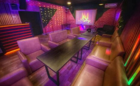 Арендовать Forest(Лес). Кирпичные стены, мягкие коричневые диваны и кресла, длинный черный стол. На стене проектор с изображением камина. Цветная подсветка и декоративные лампочки. Темное деревянное покрытие пола.