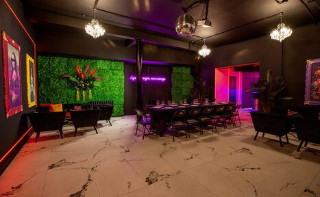 Арендовать Белый неоновый лофт-зал. Пространство с черными стенами и белым мраморным полом, декорировано зелеными растениями и неоновыми надписями. Столы и стулья черного цвета. Люстры и диско-шар на потолке. Яркое разноцветное освещение. На стенах картины.