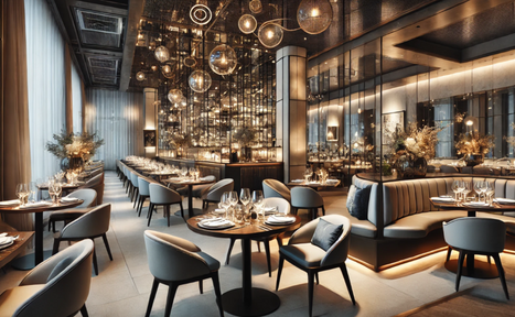 Арендовать Тестовый зал мск. Ресторан с современной планировкой, вокруг круглых столов расставлены стулья и диваны. Зеркальные стены, подвесные светильники, декоративные растения. Стены светлые, текстиль мягких тонов. Пространство освещено теплым светом, чисто и ухожено.