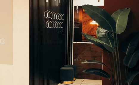 Арендовать Антикафе с несколькими залами. Часть интерьера с темными панелями на стенах и металлическими крючками для одежды. На полу два темных пуфа с золотистым основанием. В углу крупное растение. Освещение мягкое, присутствует зеркало. Цвета: черный, коричневый, зеленый.