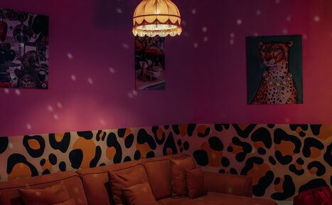 Арендовать Rubin Loft (Рубин Лофт). Лофт Гламур. Гостиная с розовыми стенами, украшенными картинами. Коричневая кожаная мебель с подушками. Верхняя часть стены с леопардовым узором. Песочный абажурная лампа на потолке, дающая точечное освещение.