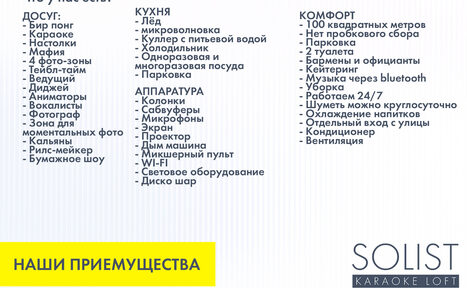 Арендовать Солист лофт | Solist loft - яркая площадка на Лиговском. Текстовые элементы на белом фоне: перечень услуг и оборудования, таких как кухня с микроволновкой, аппаратура с колонками, комфорт с парковкой и кондиционером. Внизу жёлтая панель с надписью "НАШИ ПРЕИМУЩЕСТВА". Справа логотип "SOLIST KARAOKE LOFT".