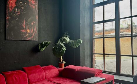 Арендовать C. A. T. Group (C.A.T. Группа). Пpoстоpный двуxэтaжный лoфт. Угловой красный диван, деревянный столик и растение в горшке у большой оконной рамы. Стены черные, с картиной. Естественное освещение через окно. Вид из окна на городские крыши.