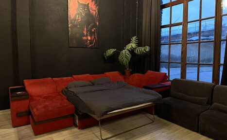 Арендовать C. A. T. Group (C.A.T. Группа). Пpoстоpный двуxэтaжный лoфт. Комната с красным угловым диваном-кроватью и двумя черными креслами. Темные стены, картина с изображением животного, крупное окно с темными шторами, напольное покрытие светлое, большое растение в горшке рядом с диваном.