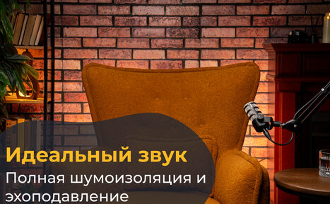 Арендовать Лофт Позитив. Пространство с кирпичной стеной, коричневое кресло, микрофон на стойке. Справа деревянный элемент с полками, слева зелёное растение, сверху освещение. Текст: «Идеальный звук. Полная шумоизоляция и эхоподавление».
