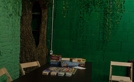 Арендовать Хендмейдщики. Лофт в лесной тематике. Игровое пространство с черным столом и деревянными стульями. На столе настольные игры и карты. Зеленая кирпичная стена, декорированная искусственными растениями. Дерево с полками на заднем фоне. Электрическая розетка на стене.
