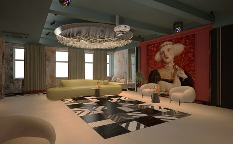 Арендовать Стильное пространство Астрид. Зал с мягкой мебелью: салатовый изогнутый диван, два белых кресла, журнальные столики. Потолок с проектором и декоративным освещением, стены с занавесками и изображением в рамке. На полу ковёр с геометрическим рисунком в чёрно-белых тонах.