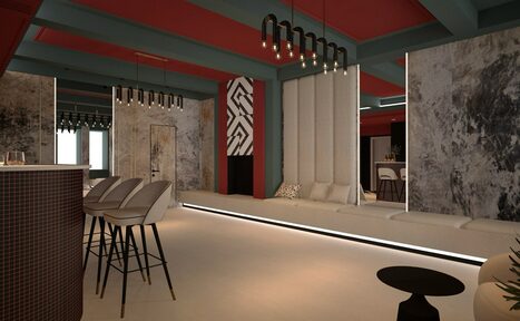 Арендовать Стильное пространство Астрид. Современное пространство с барной стойкой и высокими стульями, длинный диван вдоль стены, декоративные панели с узором, подвесные светильники, красные и серые оттенки, открытая планировка, нейтральная цветовая гамма.