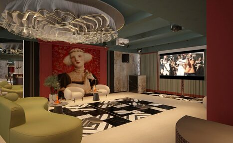 Арендовать Стильное пространство Астрид. Креативное помещение с мягкими зелеными диванами, белыми креслами, большим экраном и проектором. Декоративные элементы: потолочное освещение сложной формы, черно-белый пол с узором, красное панно с портретом. Стены светло-зеленые, отделка под мрамор.