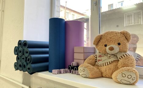 Арендовать Территория Танца. Подоконник с йога-ковриками синего и фиолетового цвета, мягкими блоками и ремнями для йоги, плюшевый медведь в полосатой кофте. Белая рама окна, вид на городские здания. Светлый интерьер.