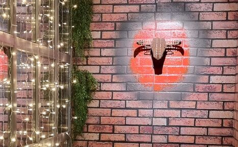 Арендовать BULL LOFT(Лофт Бык) . Кирпичная стена с граффити красного круга и черного рисунка. Слева вертикальная конструкция с растениями и гирляндой светящихся лампочек.