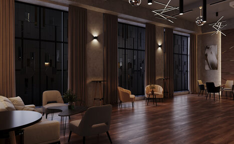 Арендовать Лофт Мираж. Современное помещение с высокими окнами, занавесками, деревянным полом. Несколько зон с креслами и столами, настенными светильниками. Потолок украшен геометрическими светильниками. Стены в тёмных оттенках, на стене картина.