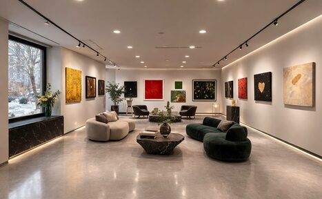 Арендовать Level 5(Лэвел 5). Галерея с белыми стенами, на которых висят разноцветные картины. По центру стоят диваны и стол из темного материала. Пол бетонный. Освещение точечное, встроенное в потолок. По краям комнаты окна и несколько декоративных растений.