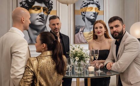 Арендовать Level 5(Лэвел 5). Гостиная с круглым стеклянным столом, на котором стоят бокалы, свеча и цветы в вазе. На стене два портрета статуй. В комнате несколько человек, некоторые держат бокалы. Светлый интерьер с золотистыми и черными акцентами.