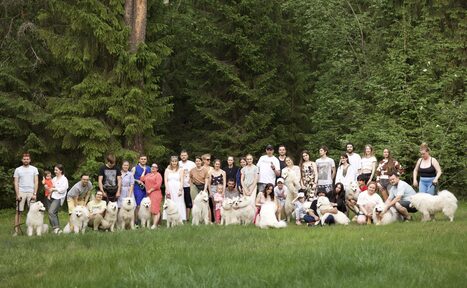Арендовать Белый Пёс(WHITE DOG event). Группа людей и собак стоит на травянистой поляне в лесу. Позади высокие деревья. Одежда людей разнообразна, несколько человек держат собак на поводках. Зеленая трава и деревья создают естественное окружение.