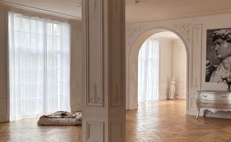 Арендовать Арт-Плейс Фактура. Просторный лофт в классическом стиле. Просторное светлое помещение с арочными проемами и высокими французскими окнами. На полу паркет, стены украшены молдингами. Подушка на полу, белая мебель, черно-белое изображение бюста. Растение в вазе на комоде.