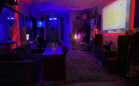 Арендовать GB Rooms(ГБ Румс). Лофт №2. Пространство с открытой планировкой, включающее зону отдыха с диваном и стульями, обеденный стол, проектор на стене, декоративный ковер с зебровым узором. Освещение разноцветное — красное и синее. Интерьер украшен постерами и растениями.