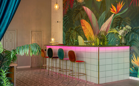 Арендовать Лофт Май. Стильное пространство с верандой. Барная стойка с плиткой светлого цвета, подсветка розовым светом. Четыре высоких стула с цветными сиденьями. Цветочная стеновая роспись. Подвесные светильники. Угловое пространство, декоративные растения. Пол с узором. Два закрытых прохода.