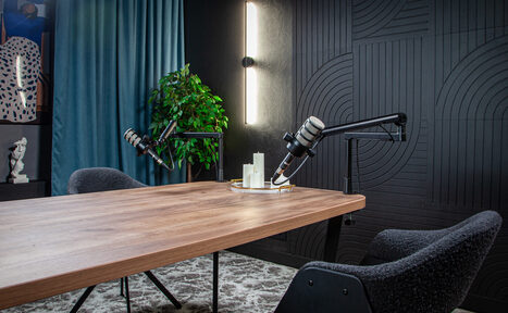 Арендовать Студия для записи подкастов "Искусство Подкаста". Современная студия с деревянным столом, оборудованным двумя микрофонами на стойках. Уютные серые кресла, ковёр, декоративные панели на стене, вертикальное освещение на чёрной стене, синий занавес и зелёное растение.