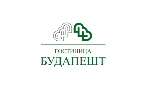 Арендовать Зал в гостинице Будапешт. Логотип с изображением двух зелёных облаков и надписью "Гостиница Будапешт" ниже. Палитра зелёного и белого цвета.