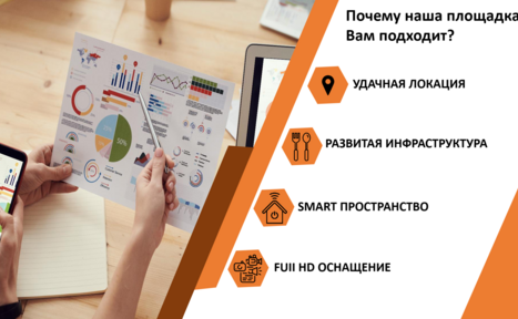 Арендовать Аренда образовательной площадки. Человек держит в руках диаграммы и смартфон на фоне деревянного стола с ноутбуком. Справа текст: «Почему наша площадка Вам подходит?» и пункты: удачная локация, развитая инфраструктура, SMART пространство, Full HD оснащение. Белый и оранжевый фон.
