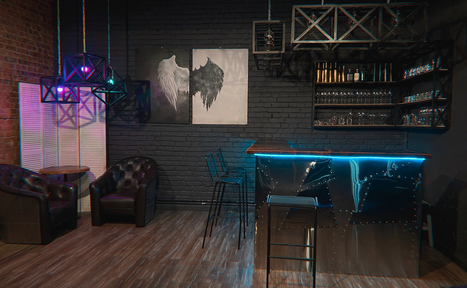 Арендовать Контраст Loft. Приглушённый тёплый свет. Диваны. Стол. Кресла. Лестница на второй этаж 