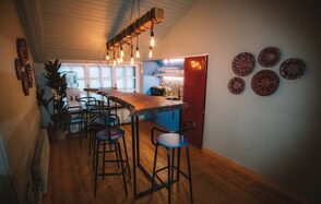Loft with bar counter and wooden floor
