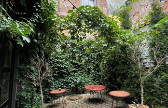 Уютный внутренний двор с кирпичными стенами, покрытыми зеленью. Три круглых деревянных стола на металлических ножках. Каменная мостовая с растущими вокруг кустами и деревьями. Верхнее естественное освещение.