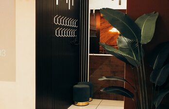 Часть интерьера с темными панелями на стенах и металлическими крючками для одежды. На полу два темных пуфа с золотистым основанием. В углу крупное растение. Освещение мягкое, присутствует зеркало. Цвета: черный, коричневый, зеленый.