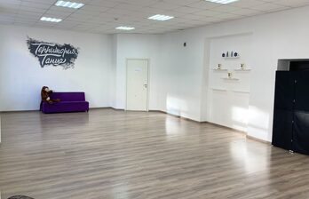 Просторная светлая комната с ламинатным напольным покрытием и белыми стенами. В углу фиолетовый диван и мягкая игрушка. На стене граффити с надписью "Территория танца". Потолок с квадратными светильниками, полки с декором.