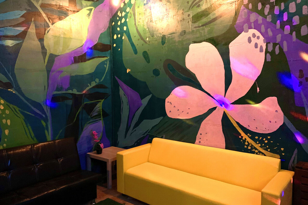 Арендовать Уютный тропический лофт. Разноцветные диваны. Разукрашенная стена. небольшой столки в углу
