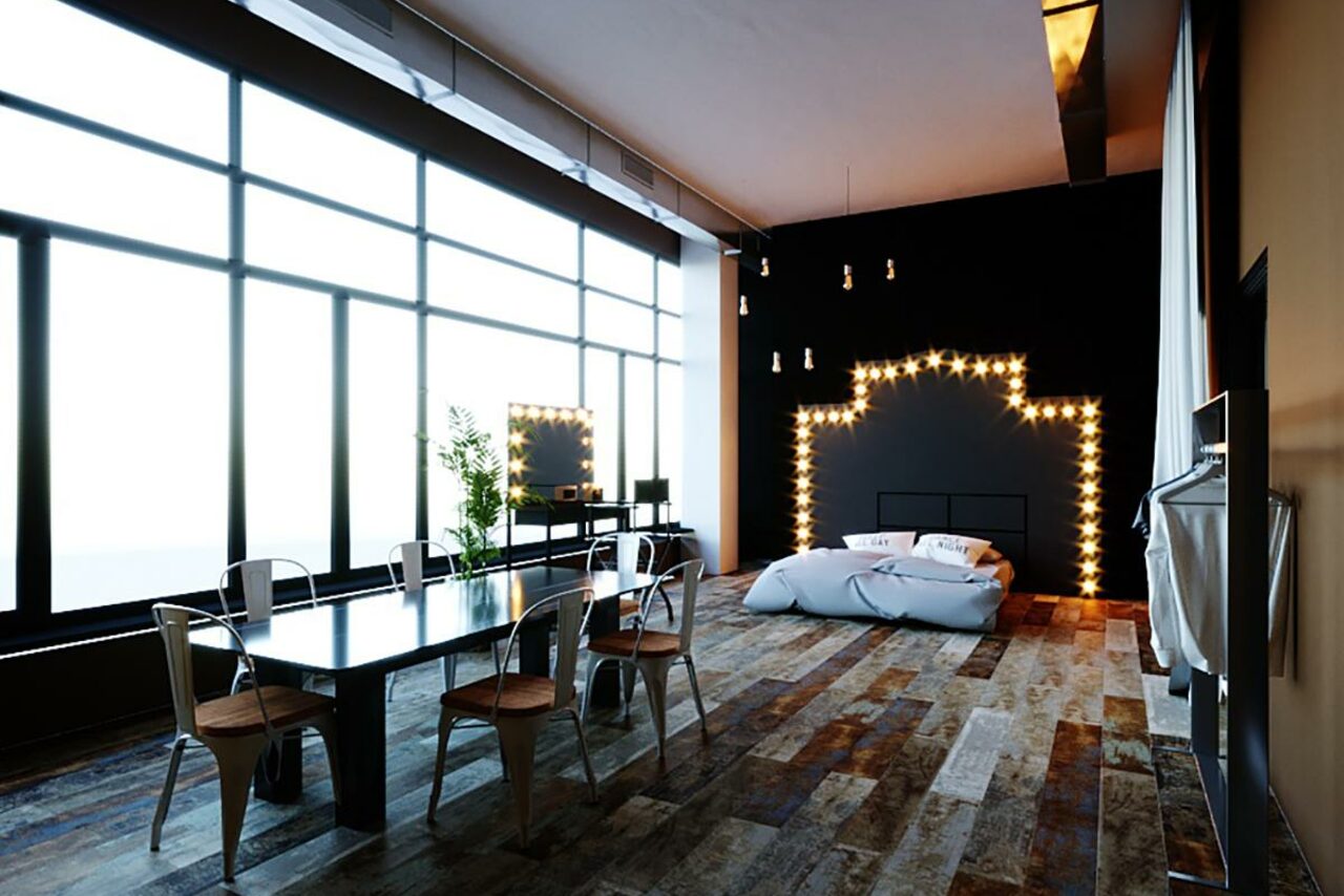 Арендовать Apriori Photo Темный лофт с панорамными окнами