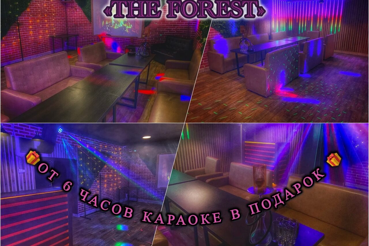 Арендовать Forest(Лес). Караоке-зал с диванами и столами, разноцветное светодиодное освещение, стены из кирпича и дерева, деревянный пол. Видны неоновые надписи и гирлянды. Текст: "THE FOREST", "от 6 часов караоке в подарок".