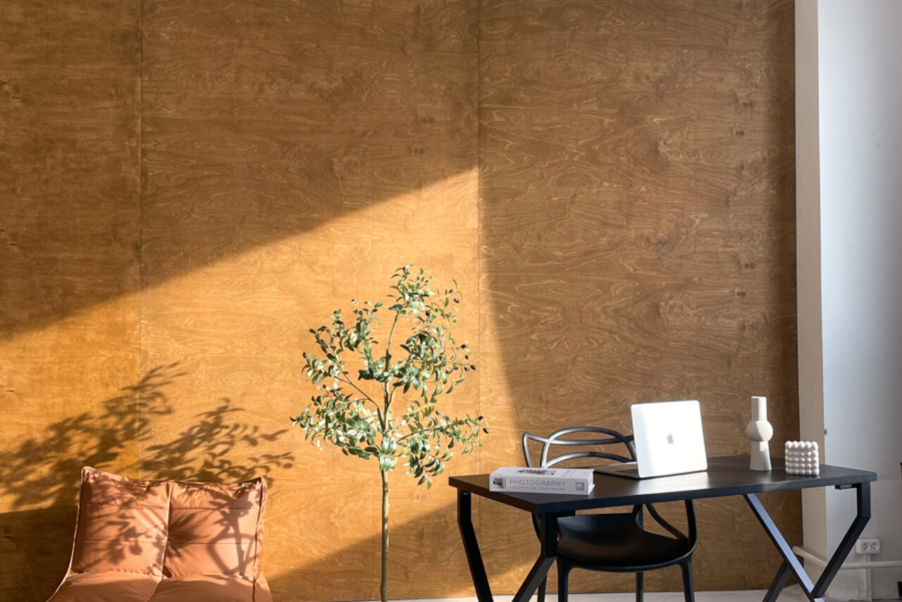 Арендовать Зал Серебро. Просторная и светлая фотостудия. Рабочее пространство с деревянной стеной, черный стол с ноутбуком, кресло, книжка и ваза. Рядом искусственное растение. На полу подушки коричневого цвета. Естественное освещение. Стол размещен справа.