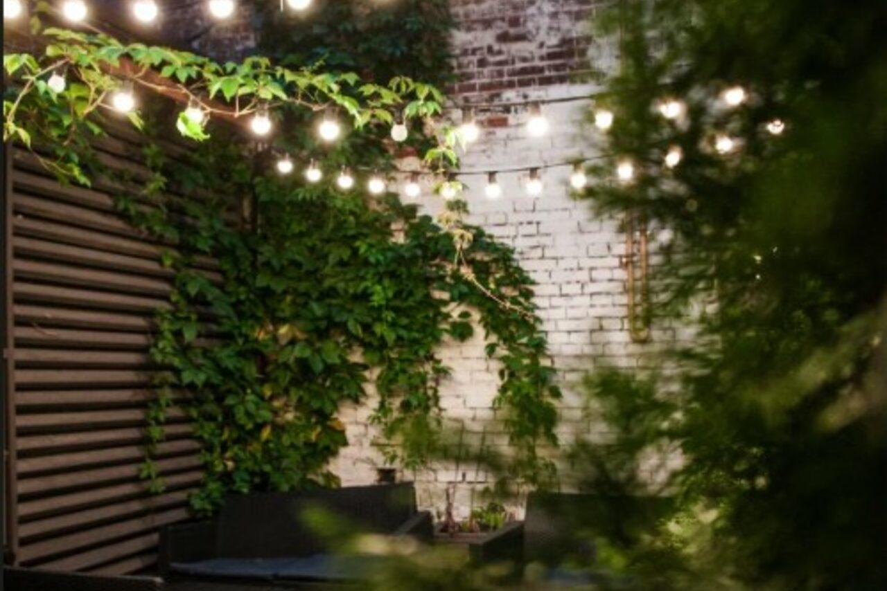 Арендовать Лофт со своим двориком. Открытое пространство с кирпичными стенами, покрытыми растениями. Струнные лампочки натянуты над зоной. Плетеная мебель темных цветов. Один угол имеет деревянную решётку. Освещение теплое, атмосфера уютная.