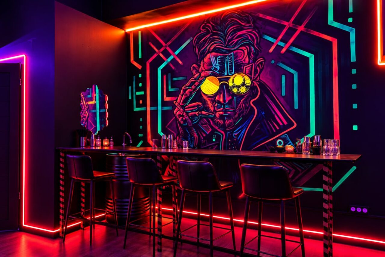 Арендовать Cyberpunk (Киберпанк). Коктейльный бар с неоновым освещением. Высокий барный стол и пять стульев. На стене неоновое граффити с изображением человека в очках. Пол тёмного цвета, контурное освещение вдоль стен. На барной стойке расставлены бокалы и бутылки.