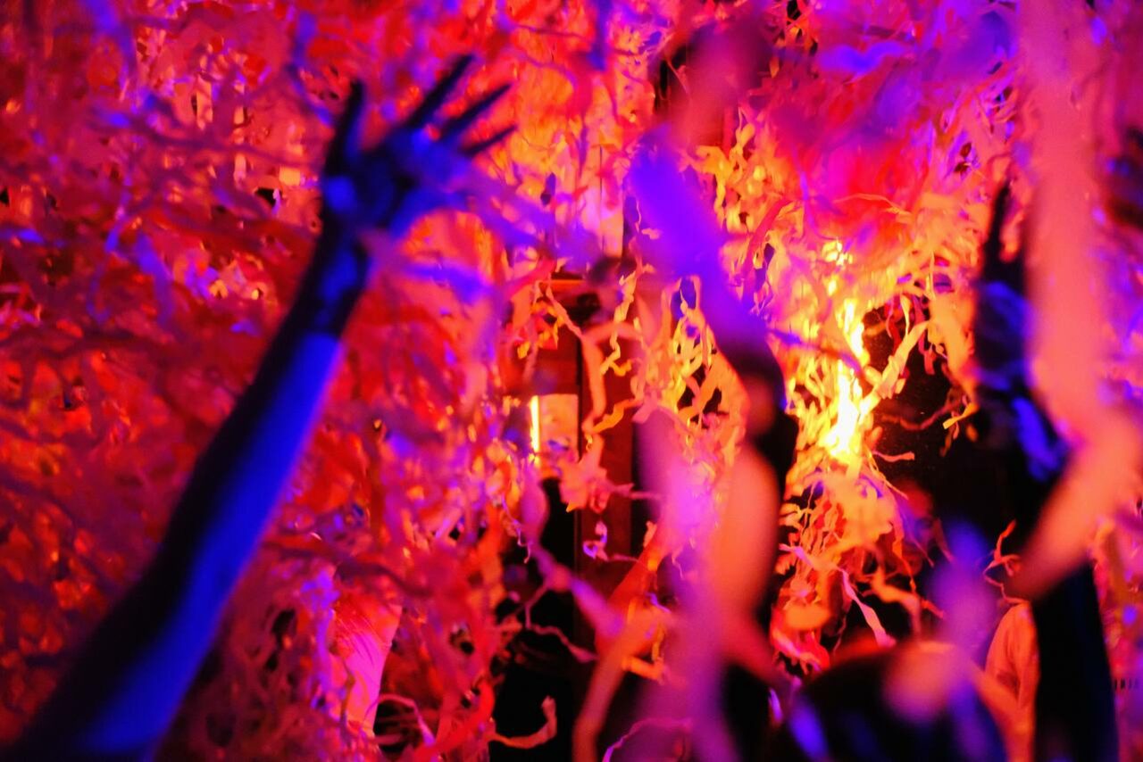 Арендовать Лес. Театральный лофт с верандой, сценой и вторым ярусом. Неопределенное пространство с ярким декоративным освещением, преобладают красные и синие цвета. Вертикальные элементы и множественные вытянутые фигуры, создающие динамическое ощущение. Видны поднятые руки.