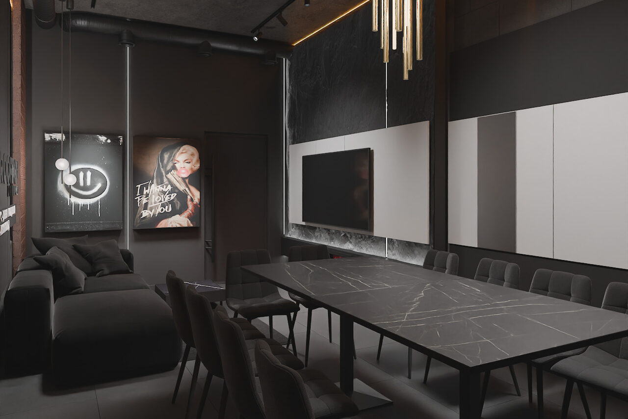 Арендовать ИглуЛофт. Лакрица. Лофт-зал в темных тонах с камином