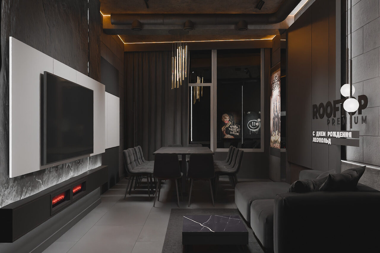 Арендовать ИглуЛофт. Лакрица. Лофт-зал в темных тонах с камином