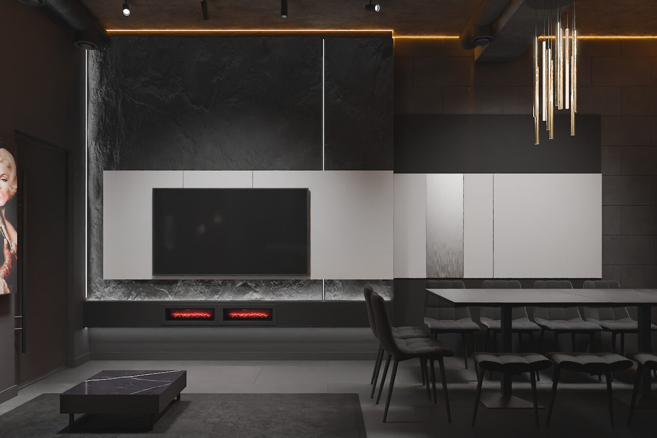 Арендовать ИглуЛофт. Лакрица. Лофт-зал в темных тонах с камином