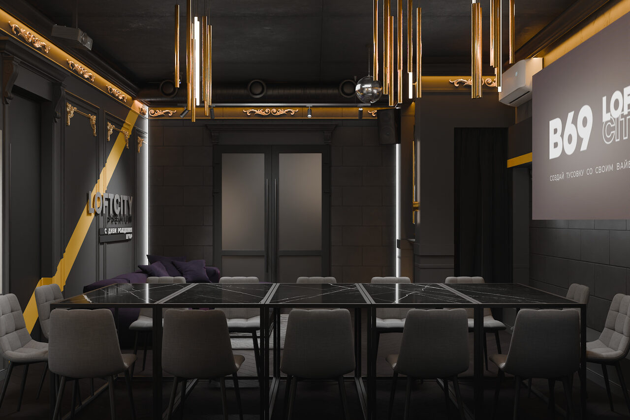 Арендовать ИглуЛофт. Буржуй. Лофт-зал с черно-золотых тонах