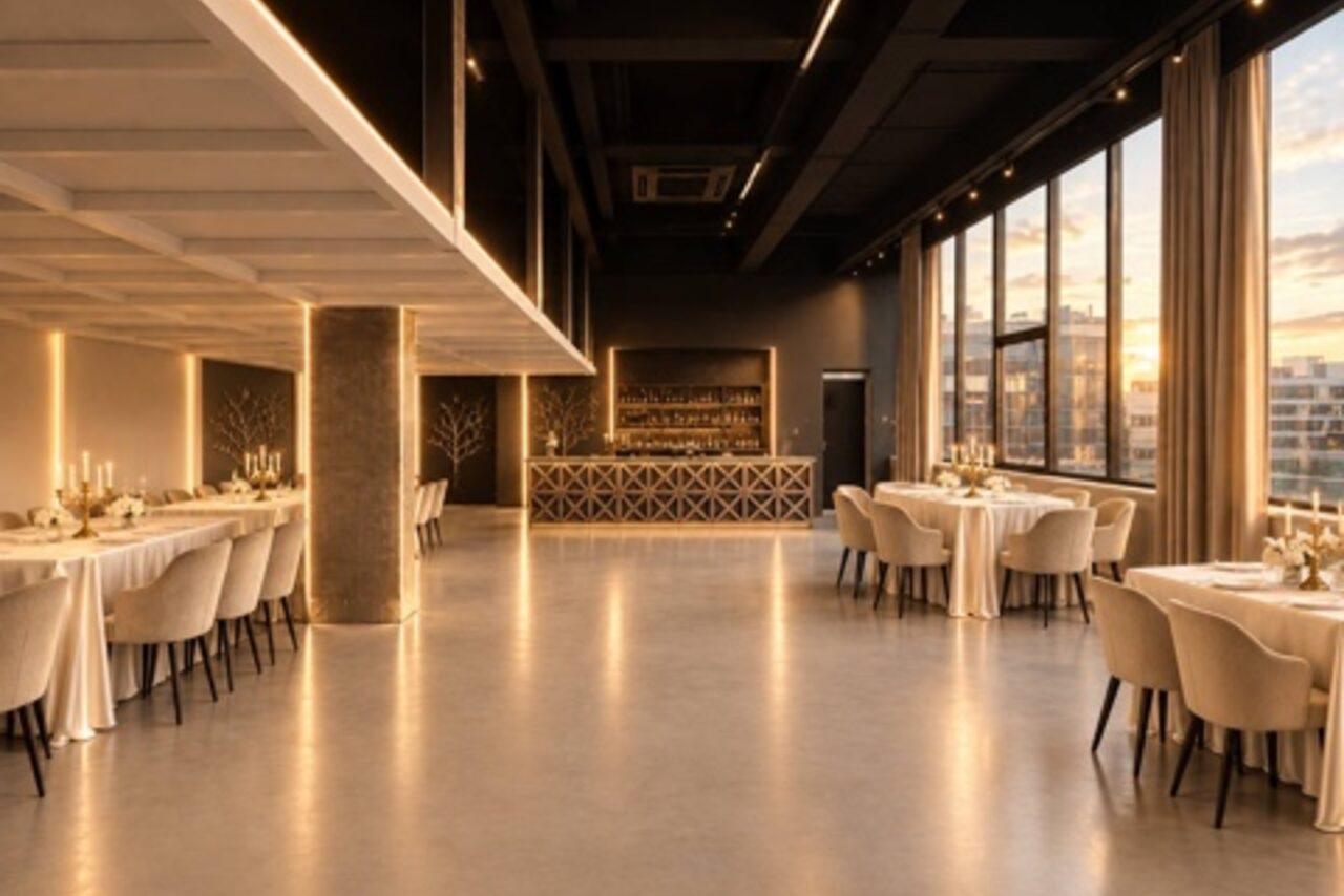 Арендовать Loft Prostranstvo Huge(Огромное Лофт Пространство). Просторное помещение с панорамными окнами и бетонным полом. Столы накрыты белыми скатертями, окружены мягкими стульями. По периметру расставлены свечи. На стене темная барная стойка с декоративной решеткой. Мягкое потолочное освещение.