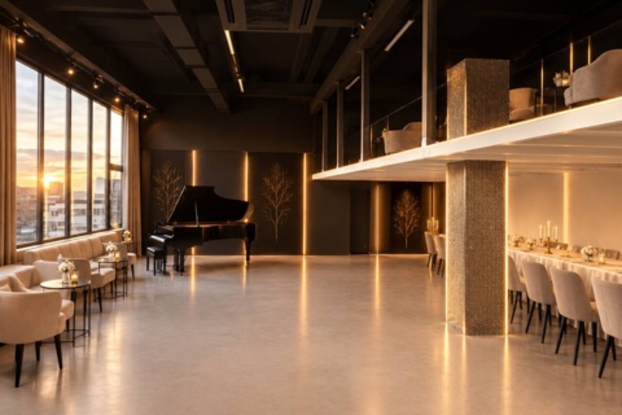 Арендовать Loft Prostranstvo Huge(Огромное Лофт Пространство). Просторная комната с высоким потолком, фортепиано слева, столики с креслами вдоль панорамных окон, справа длинный стол с сервировкой на полуподнятой платформе. Черные стены с декоративными элементами, теплое освещение.