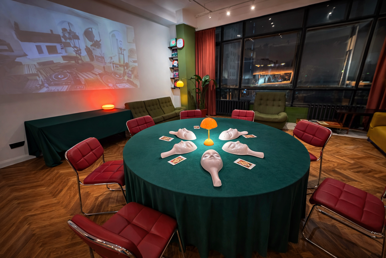 Арендовать The Gallery Loft (Лофт Галерея) . Просторная комната с круглым столом, покрытым темно-зеленой скатертью, окруженным красными стульями. На столе декоративные элементы, настольная лампа. На стене изображение с проектора. Паркетный пол, большие окна с видом на вечерний город.