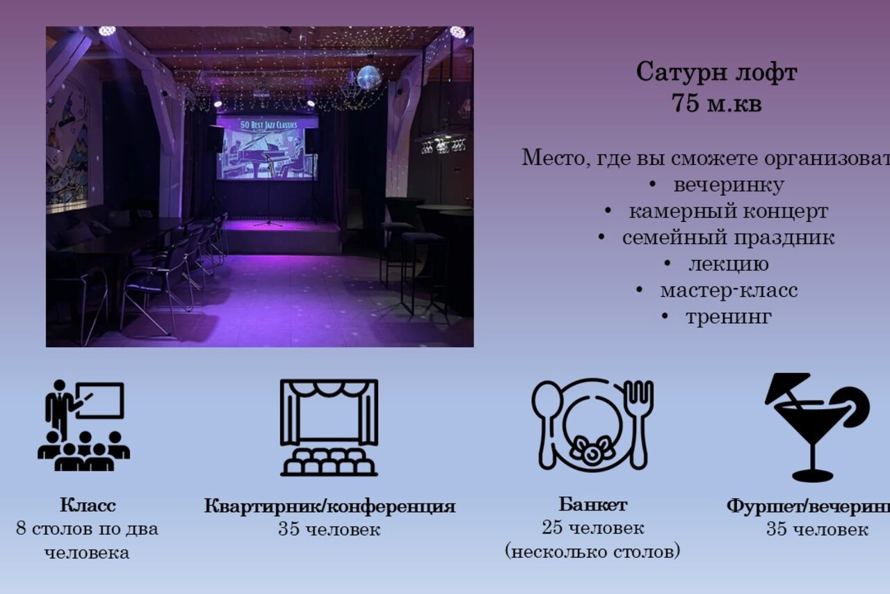 Арендовать Лофт до 35 гостей. Лофт 75 кв.м с фиолетовой подсветкой, черными стульями, проектором и экраном. Подходит для мероприятий: вечеринок, концертов и лекций. Планировки: класс, конференция, банкет, фуршет. Текст на изображении поясняет вместимость и типы мероприятий.