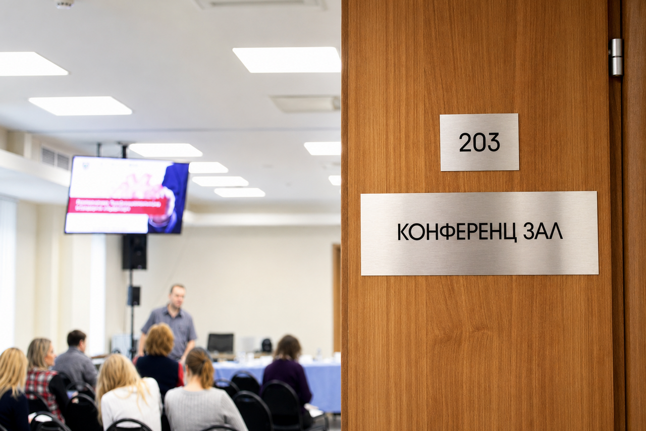 Арендовать Новое образование. Учебная аудитория. Конференц-зал с табличкой на двери «203» и «КОНФЕРЕНЦ ЗАЛ». Внутри люди сидят на стульях, перед ними стол с компьютером, выступающий человек. На стене экран с проектором. Яркое потолочное освещение, светлые стены, деревянная дверь.