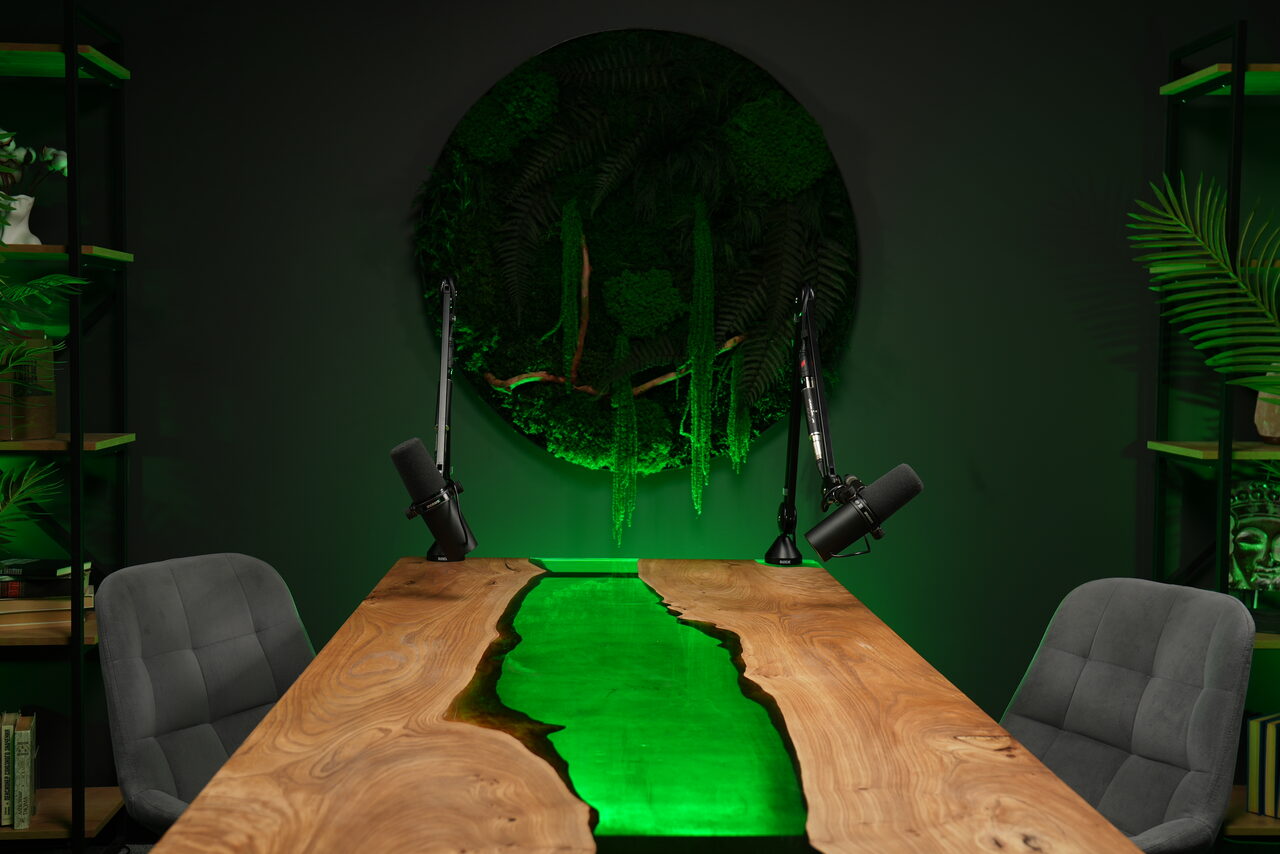 Арендовать Лофт Восторг. Деревянный стол с зелёной подсветкой посередине, два серых кресла, два микрофона. На стене круглый зелёный декор, по бокам стеллажи с растениями и книгами. Общее освещение зелёного цвета.