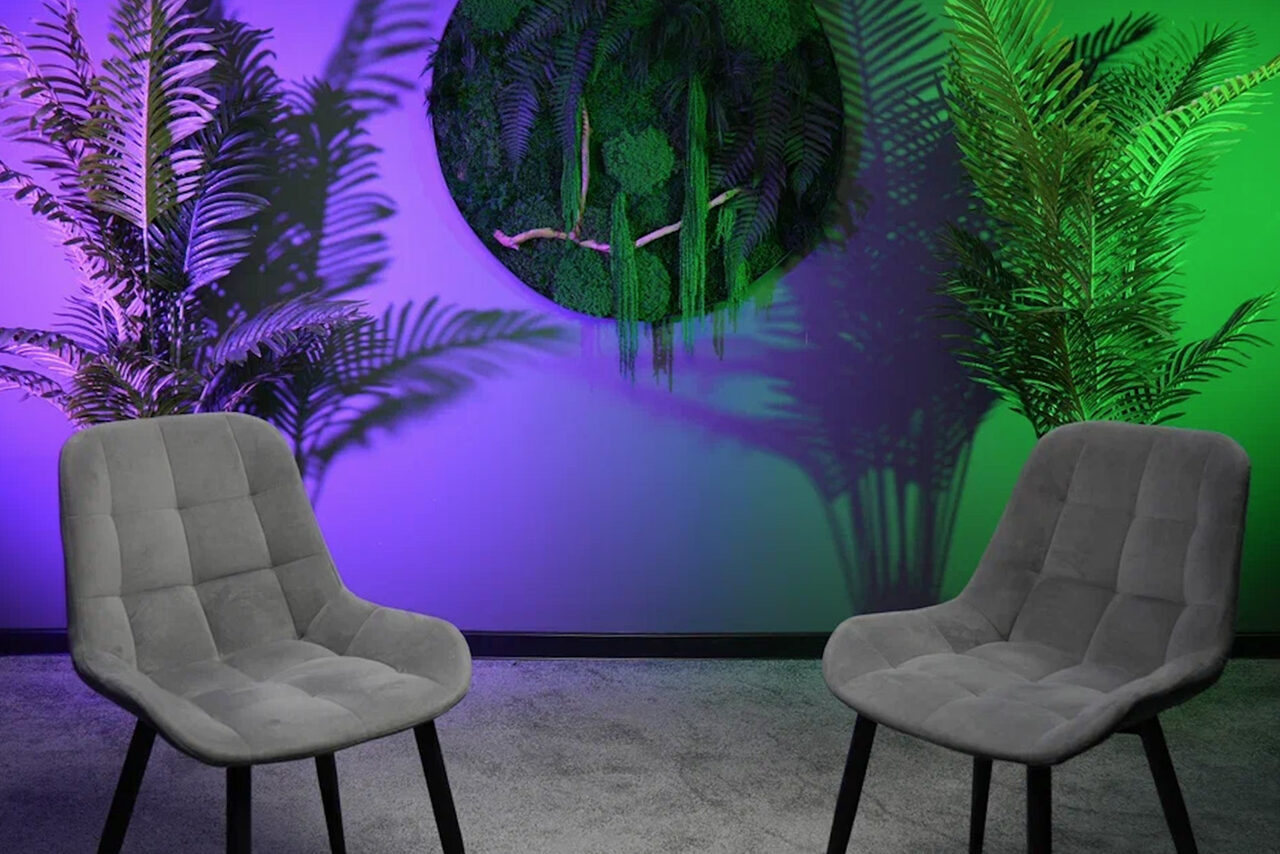 Арендовать Лофт Восторг. Две серые стулья с мягкой обивкой на тёмных ножках, ковровое покрытие серого цвета, на стене круглая панель с зеленью, фоновая подсветка фиолетового и зелёного оттенков, растительность по бокам.