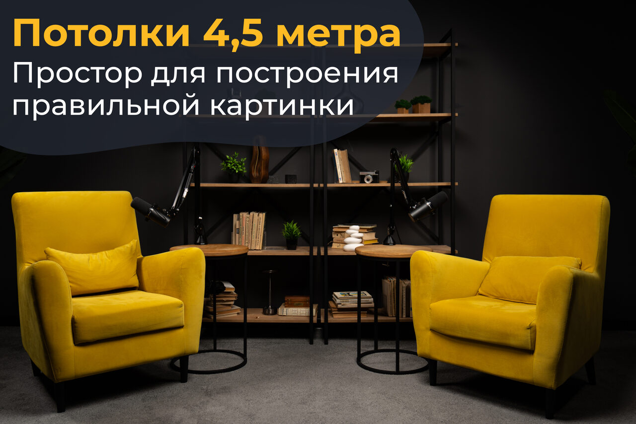 Арендовать Лофт  Эйфория. Жёлтые кресла перед металлическим стеллажом с полками, на которых расположены книги и растения. Рядом два чёрных торшера. Серый пол, тёмные стены. Верхний текст: "Потолки 4,5 метра. Простор для построения правильной картинки".